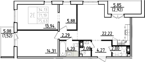2-комнатная квартира 82.12 м², 7/9 эт., ЖК «IQ Гатчина 3»